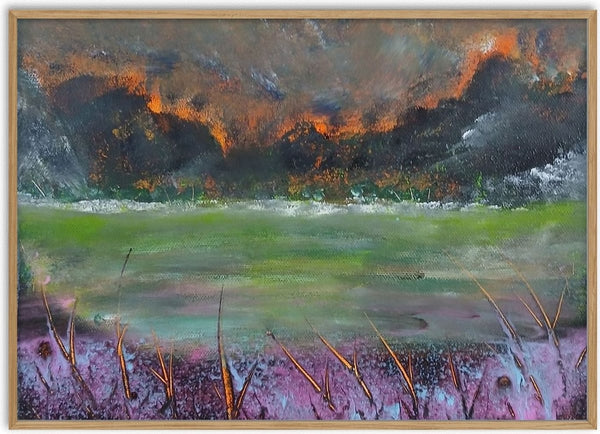 Burning Sky by luco art - dark clouds lit orange above a green meadow and pink flowers