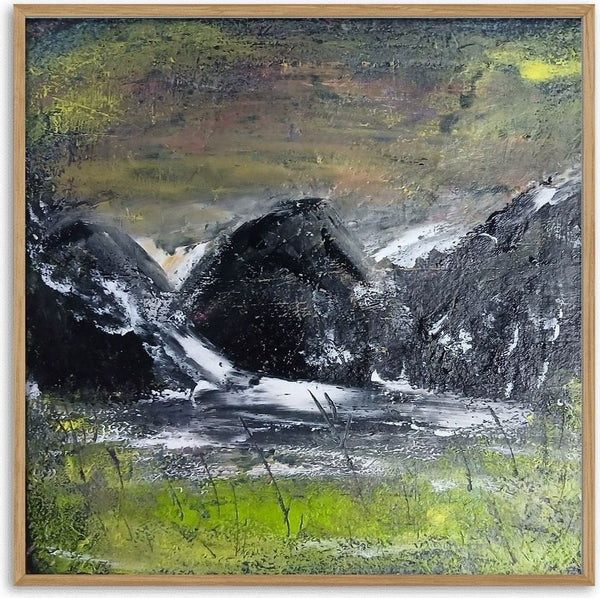 Dark Hills by luco art - dark near-black hills with white streaks above a pale river and acid green grass