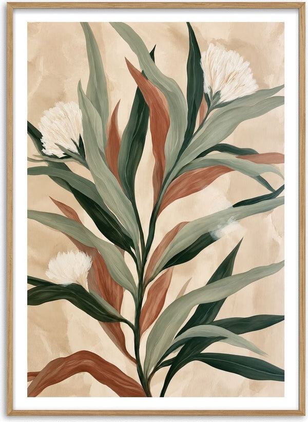 Sage and Rust by Martina Karlsson - long sage and rust leaves with three white flowers on a sand-coloured ground