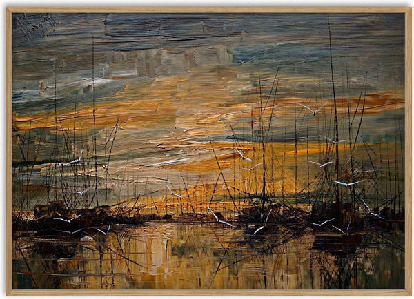 Harbour at Dusk by Justyna Kopania - boats and thin masts in bands of brown, ochre and grey