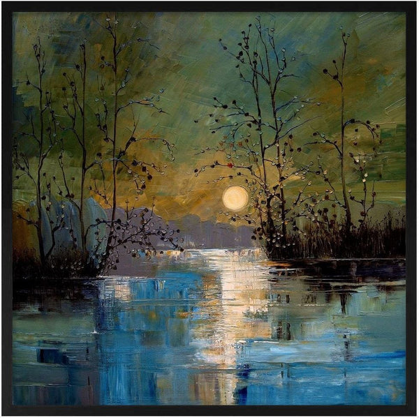Sun over Still Water by Justyna Kopania - bare trees and a pale sun reflected in blue water