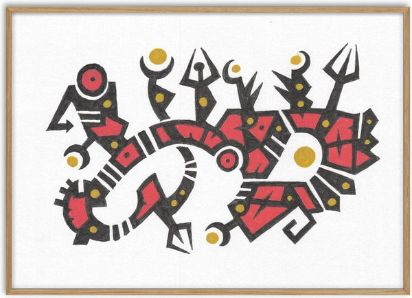 Red and Gold Glyphs by John Larkin - black glyph forms filled with bright red and set with golden discs