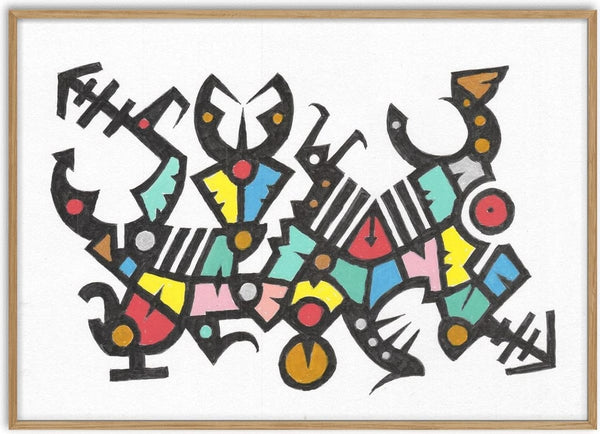 Carnival Glyphs by John Larkin - angular black figures filled with turquoise, red, yellow and pink on white