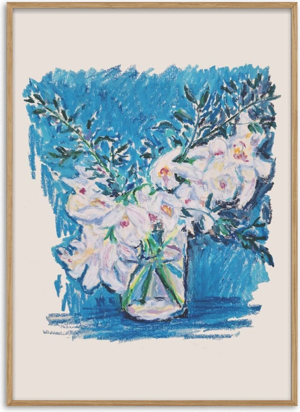 White Blooms on Blue by DNF - white flowers in a glass jar on a blue scribbled ground