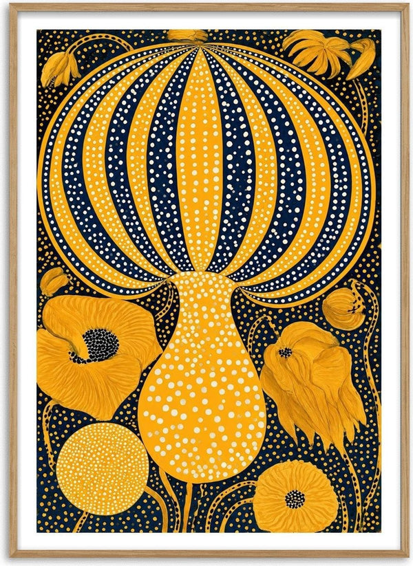 Yellow Dotted Pumpkin by Yokohama - a ribbed yellow pumpkin in white dots against deep navy