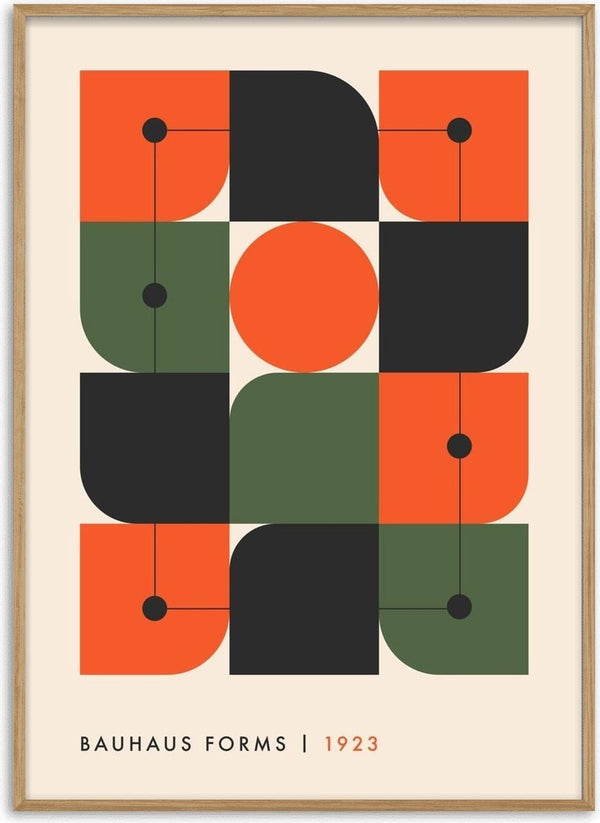 Bauhaus Forms 1923 by Neil Stevens - orange, olive and black quarter circles linked by thin lines