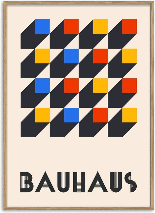 Bauhaus Grid by Neil Stevens - a charcoal grid with blue, red and yellow squares on warm off-white