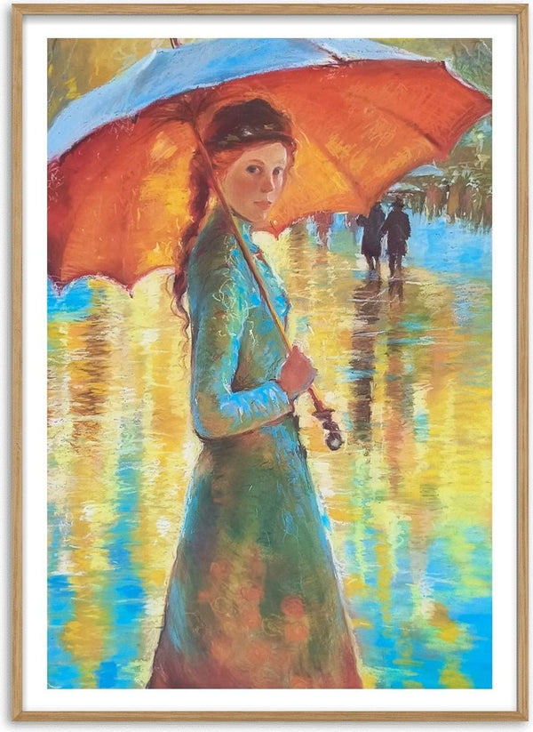 Woman with an Orange Umbrella by Mariia Nikolina - a woman on a wet street under an orange umbrella