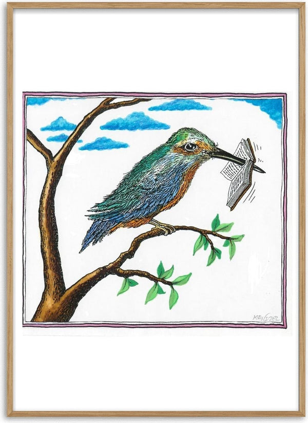 Bird with a Book by Waldemar Mandzel - a kingfisher on a branch holding a small open book