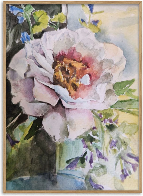 White Peony by RenataK - a white peony and blue bellflowers against a deep green ground