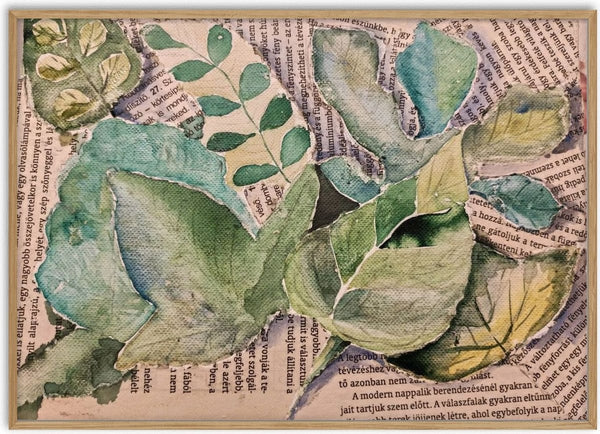 Leaves on Newsprint by RenataK - painted leaves torn out and collaged over newspaper print