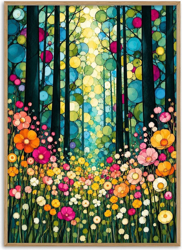 Stained Glass Forest by Yokohama - dark trees against circles of teal, yellow and magenta over a flower meadow
