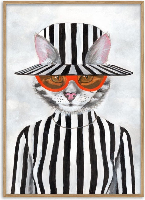 Cat wearing orange sunglasses, a striped hat, and matching striped outfit on a light background.