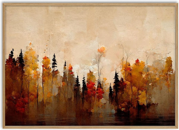 Abstract autumn forest scene with tall trees in orange, yellow, and red tones from A Forest In Autumn - Treechild.