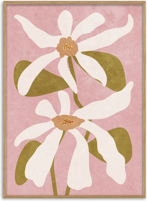 Abstract illustration of two white flowers with green leaves on a pink background, by Raissa Oltmanns.