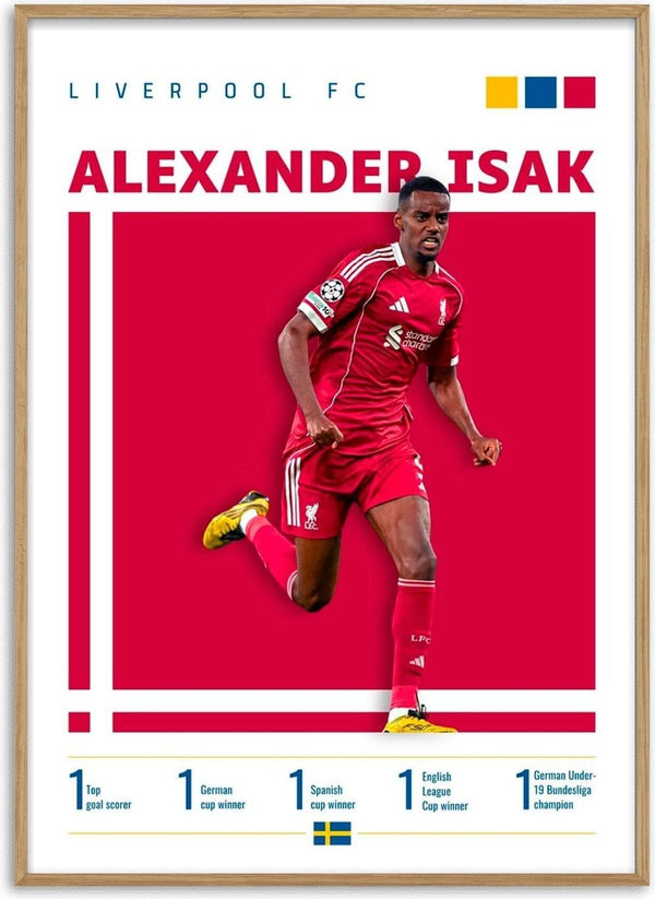 Poster of Alexander Isak in a Liverpool FC kit with career highlights and statistics displayed.