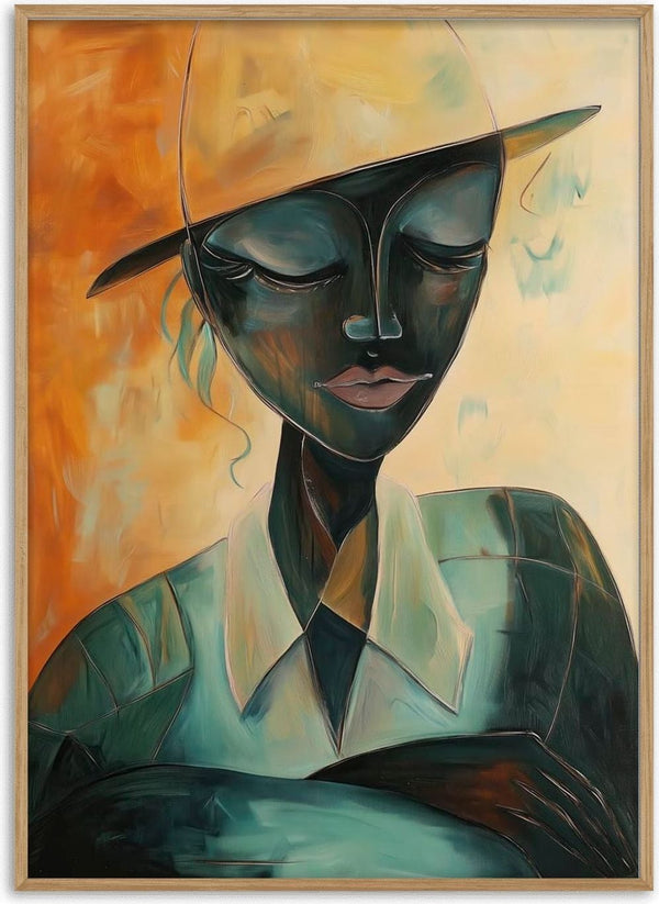 Abstract portrait of a serene person in a hat, green jacket, and white shirt. Art style for All About - Martin Zen.
