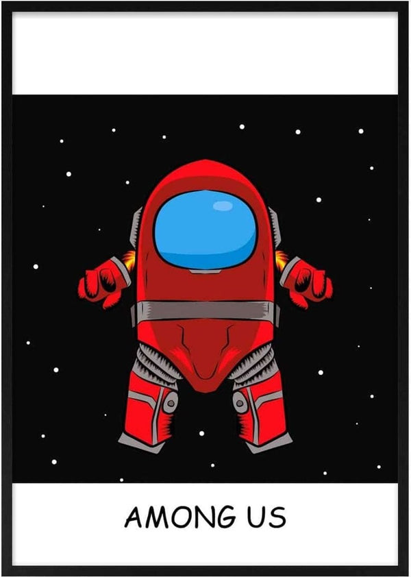 Poster featuring a red crewmate from Among Us floating in space with "AMONG US" text below.