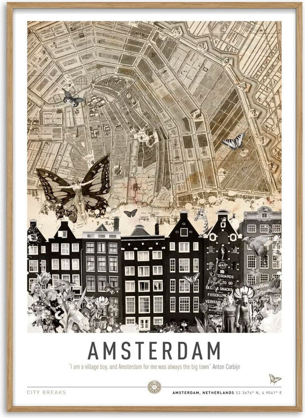 Artistic poster featuring Amsterdam city map, canal houses, butterflies, and collage elements. Title: "AMSTERDAM."