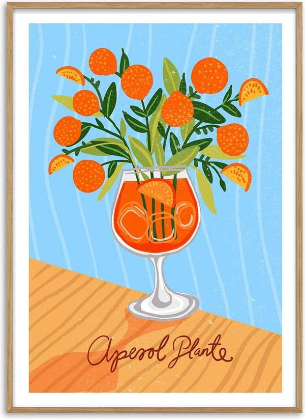 Illustration of an orange cocktail with leafy stems and round fruits in a glass, labeled "Aperol Plante".