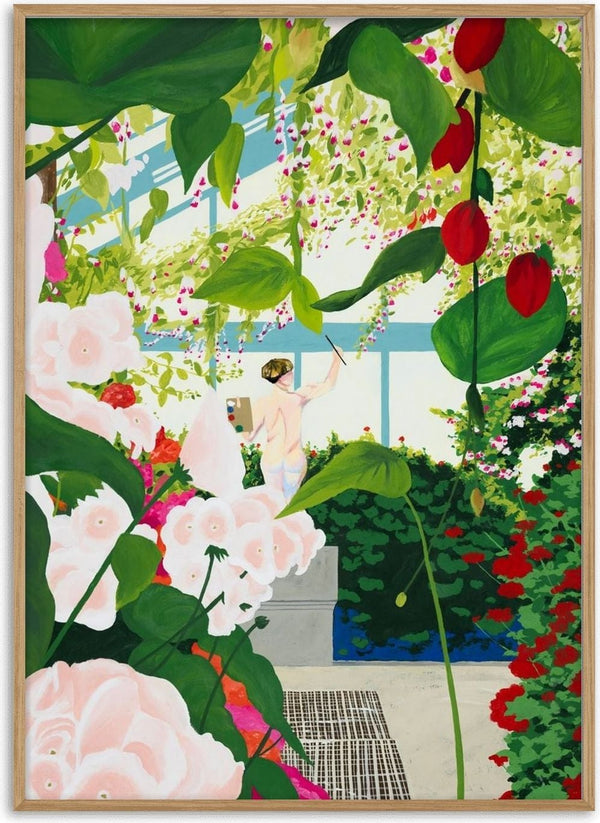 Artist paints in naked workshop by Jaron Su - painter at work in a glasshouse full of flowers