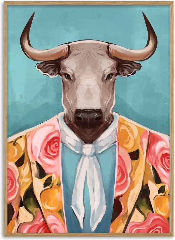 A bull with a serious expression wears a floral jacket and cravat against a blue background.