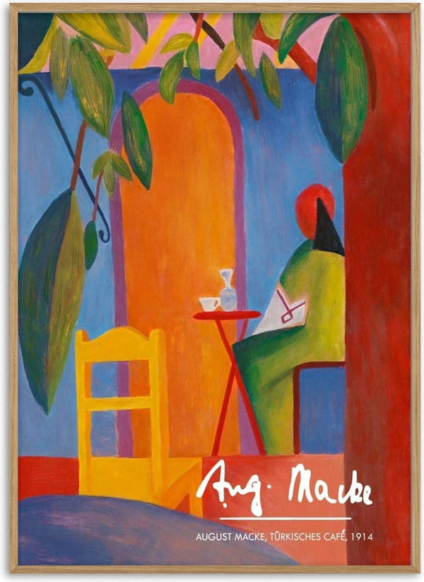 Colorful painting of a person sitting at a table in a café, with bold shapes and August Macke's signature.