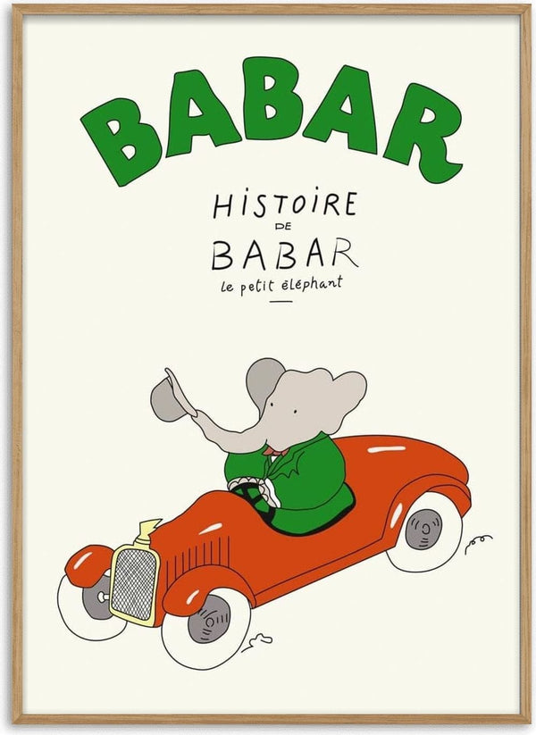 Illustration of Babar the elephant in a green suit driving a red car, from Babar Plakat No. 03.