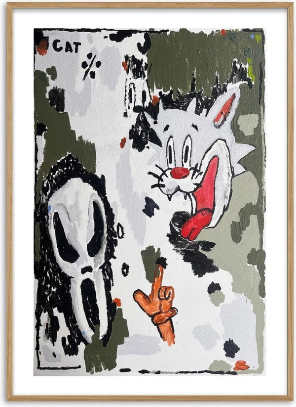 BALLER’INA ESCORT by Oscar Birch - a cartoon cat with a long red tongue beside a Ghostface mask