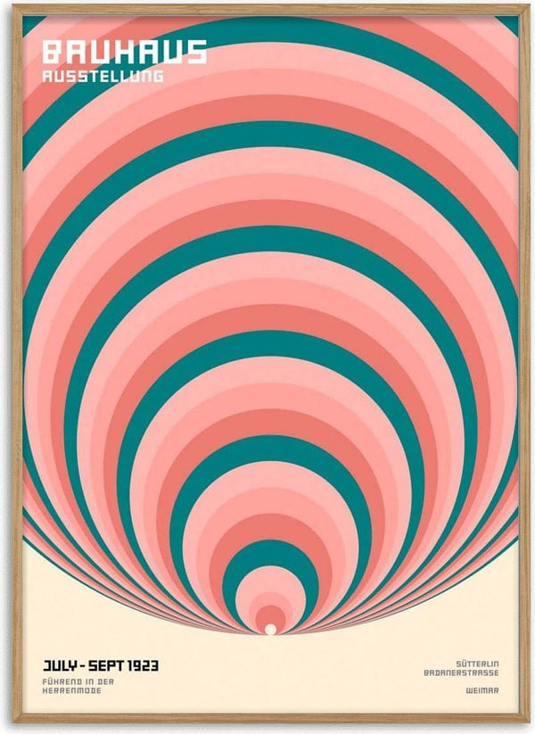 Poster with concentric pink, teal, and cream circles; titled "Bauhaus Ausstellung" for Bauhaus Big Circles Plakat.