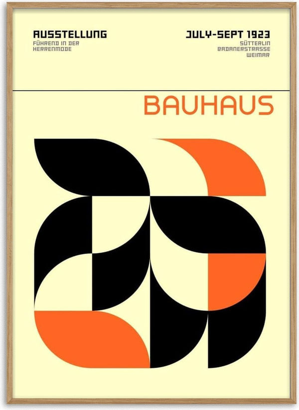 Bauhaus Orange Weimar Ausstellung Plakat with geometric shapes, black and orange on a cream background, 1923 exhibition.