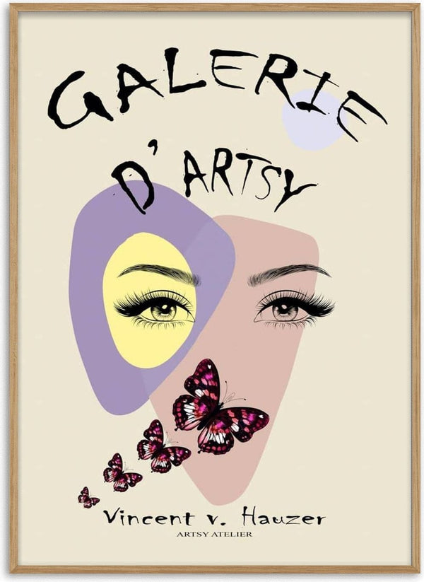 Poster of "Be my Butterfly" by Vincent von Hauzer featuring eyes, abstract shapes, and butterflies.