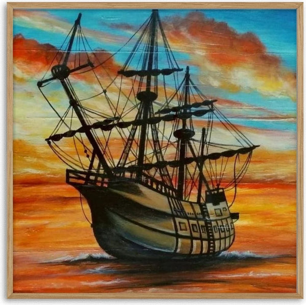 Beautiful Sailing by Sunny - an old tall ship with furled sails on an orange sea