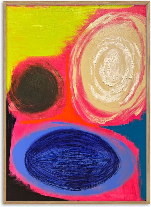 Beyond Elsewhere by Laura Notari - brown circle, cream spiral and navy oval on hot pink and neon yellow