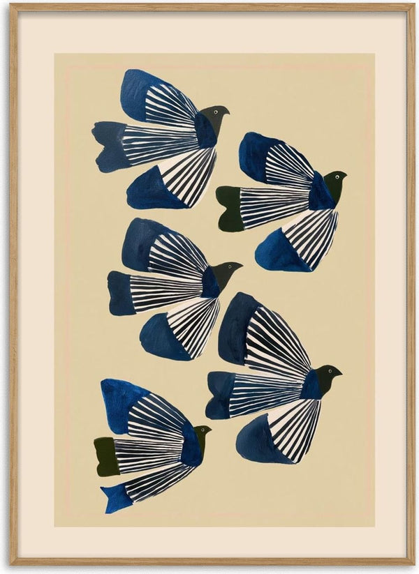 Illustration of five stylized birds in flight with blue and white wings on a beige background.