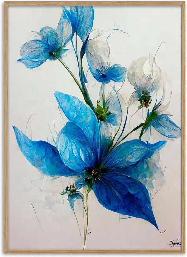 Art print of delicate blue flowers on a white background, Blå Blomst 1 by Winnie Møller.