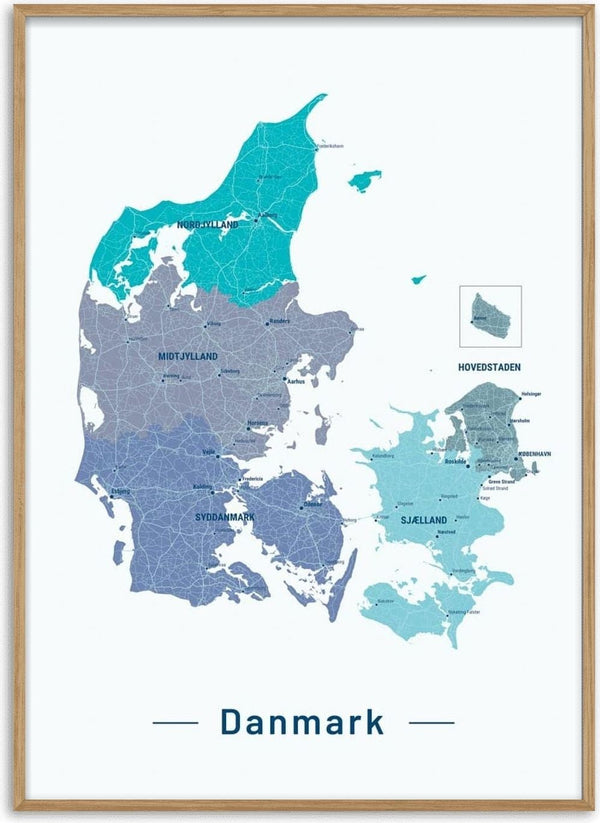 Blue Denmark map poster showing regions and major cities, labeled "Danmark" at the bottom.