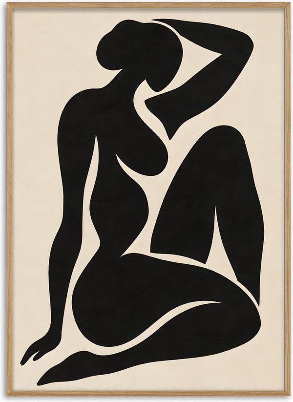 Black Nude Silhouette – Minimalist Abstract Figure Wall Art by TimlessArtworks - seated figure cut out in solid black on a warm cream background