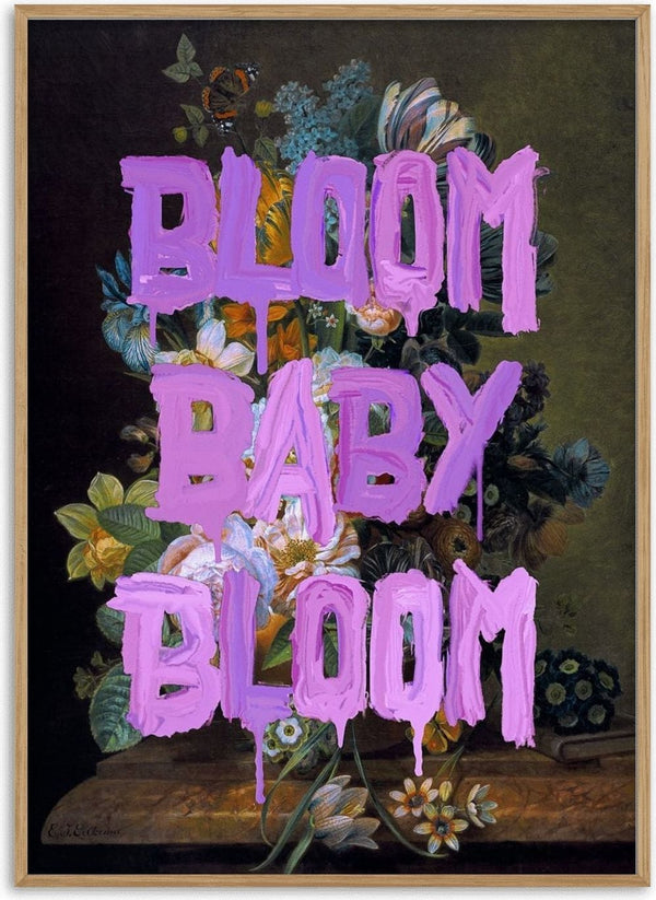 Bloom Baby Bloom by Jonas Loose - dripping lilac-pink capitals over a dark Dutch flower still life