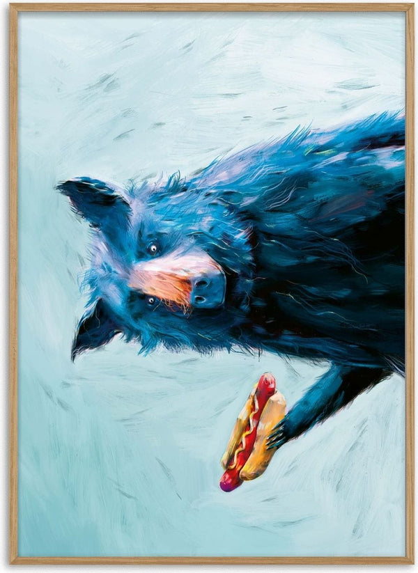 Blue Bear Hot Dog by Natascha Baumgärtner – shaggy blue bear holding a hot dog against an icy blue background