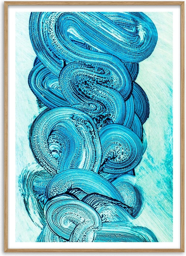 Abstract artwork featuring swirling blue brushstrokes on a light background for Blue Strokes Plakat product page.