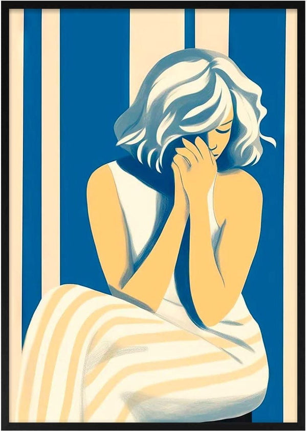 Illustration of a woman in a white dress, sitting with hands near her face, against blue and cream vertical stripes.