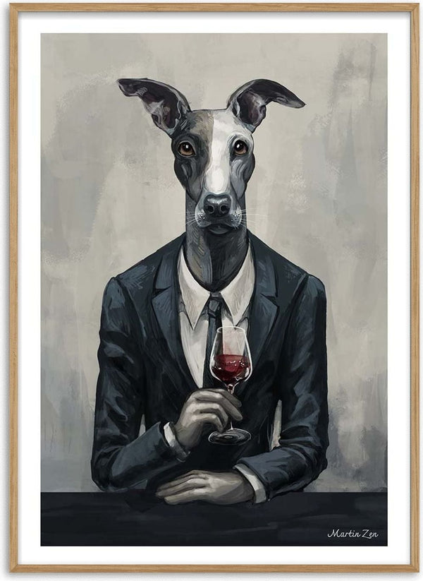 Painting of a dog in a suit holding a glass of red wine, featured on the Boss Man - Martin Zen product page.