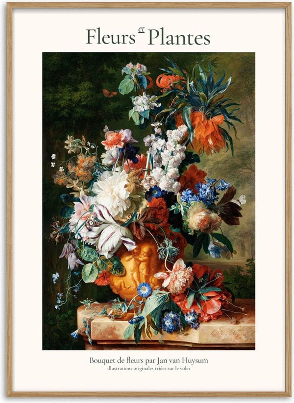 Colorful bouquet of flowers in a vase, detailed still life by Jan van Huysum displayed on a product page.