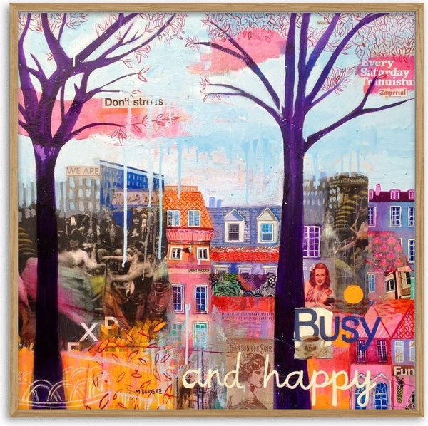 Busy and happy by María Burgaz - two purple trees over a collaged town of pink rooftops
