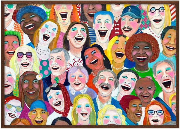 Can´t stop laughing by María Burgaz - a dense crowd of laughing faces in bright colours