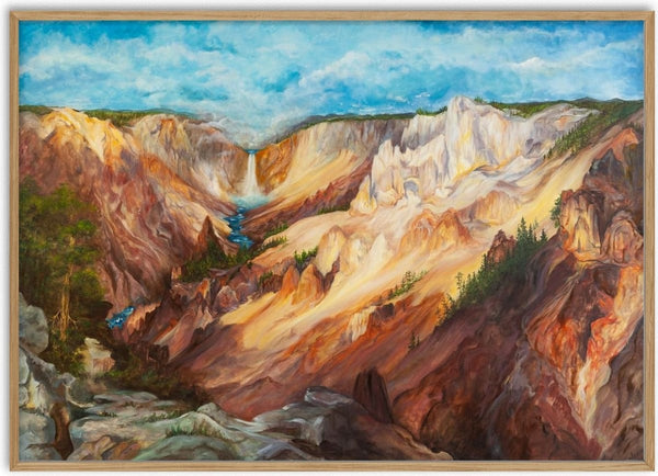 CanyonMagic by Eledina - a sunlit canyon with a waterfall and pines in ochre, cream and rust
