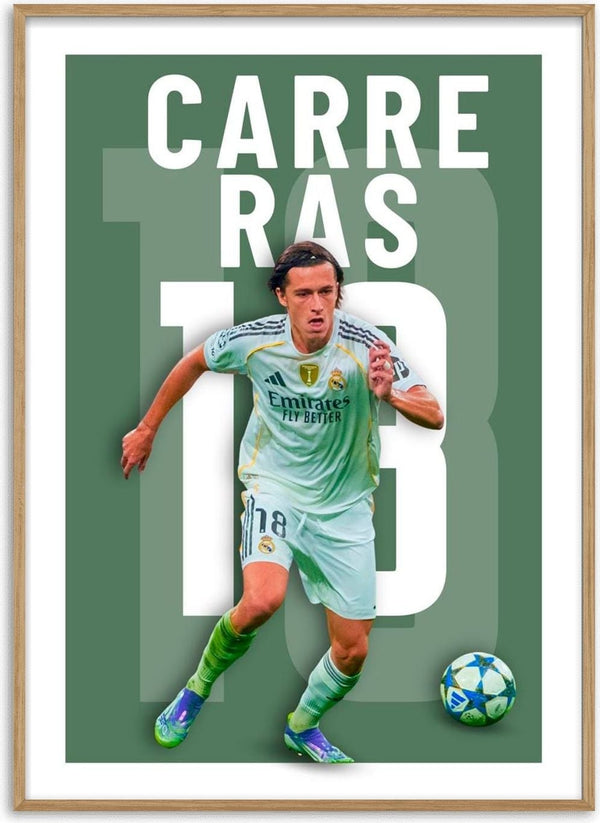 Carreras in a Real Madrid kit with number 18, running on the field; white bold text in the background.