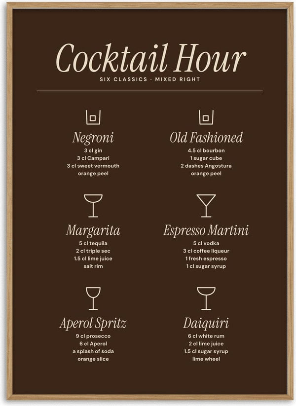 Cocktail Hour by ARTSY FARTSY, cocktail recipe poster in cream on coffee brown