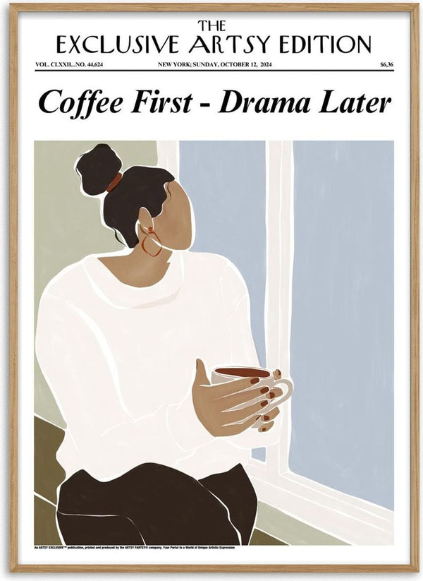 Minimalist illustration of a woman holding a coffee mug, with "Coffee First - Drama Later White Edition" headline.